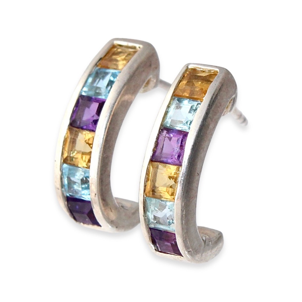 Clyde Duneier Gemstone Sterling Silver Earrings J Hoop Amethyst Citrine Topaz